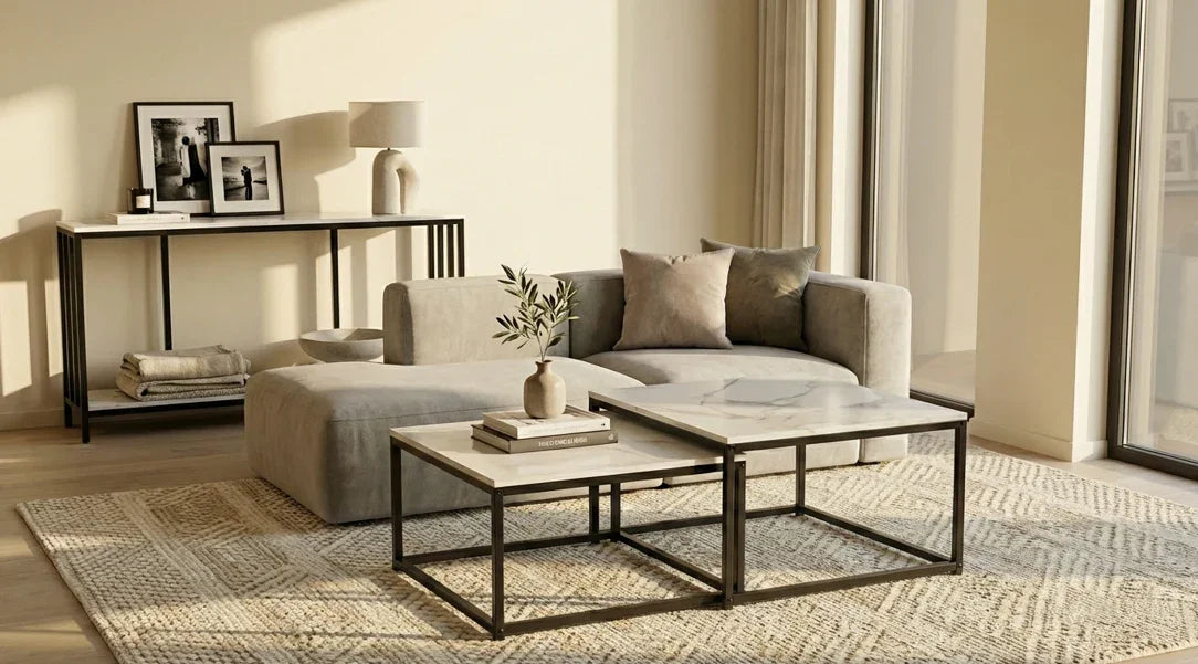 Ciest Square Nesting Coffee Table Set – White Sintered Stone & Black Iron