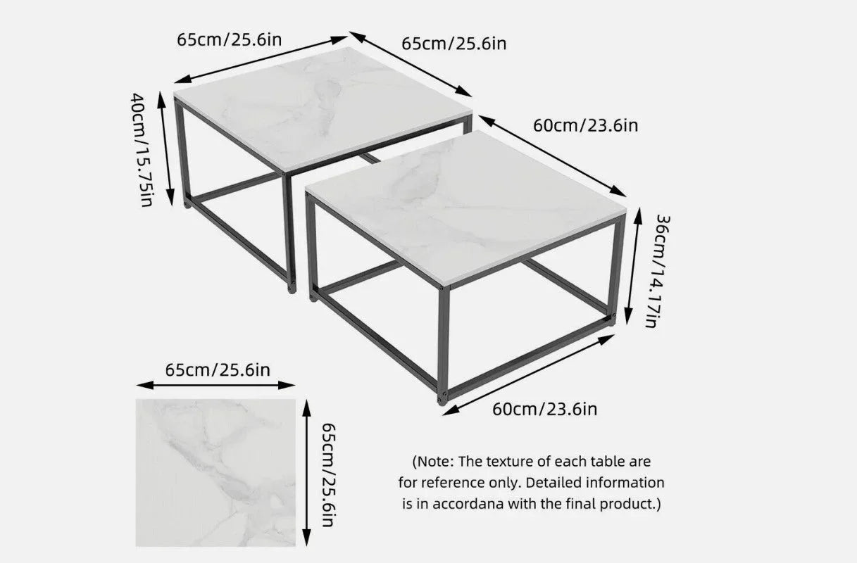 Ciest Square Nesting Coffee Table Set – White Sintered Stone & Black Iron