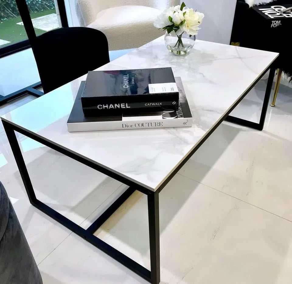 Monaco Rectangle Coffee Table – White Sintered Stone Top, Modern Metal Base