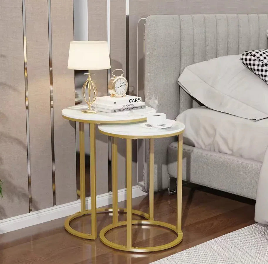 Diva Gold Round Nesting Side Table Set – White Sintered Stone & Metal