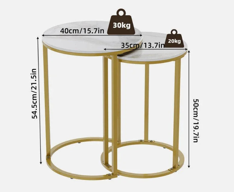 Diva Gold Round Nesting Side Table Set – White Sintered Stone & Metal