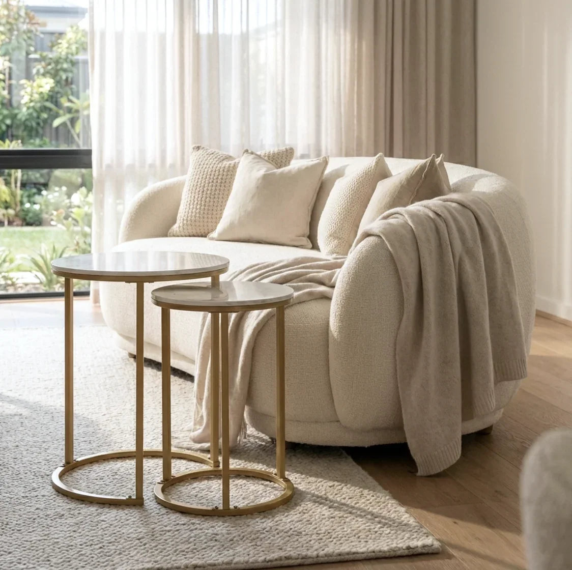 Diva Gold Round Nesting Side Table Set – White Sintered Stone & Metal