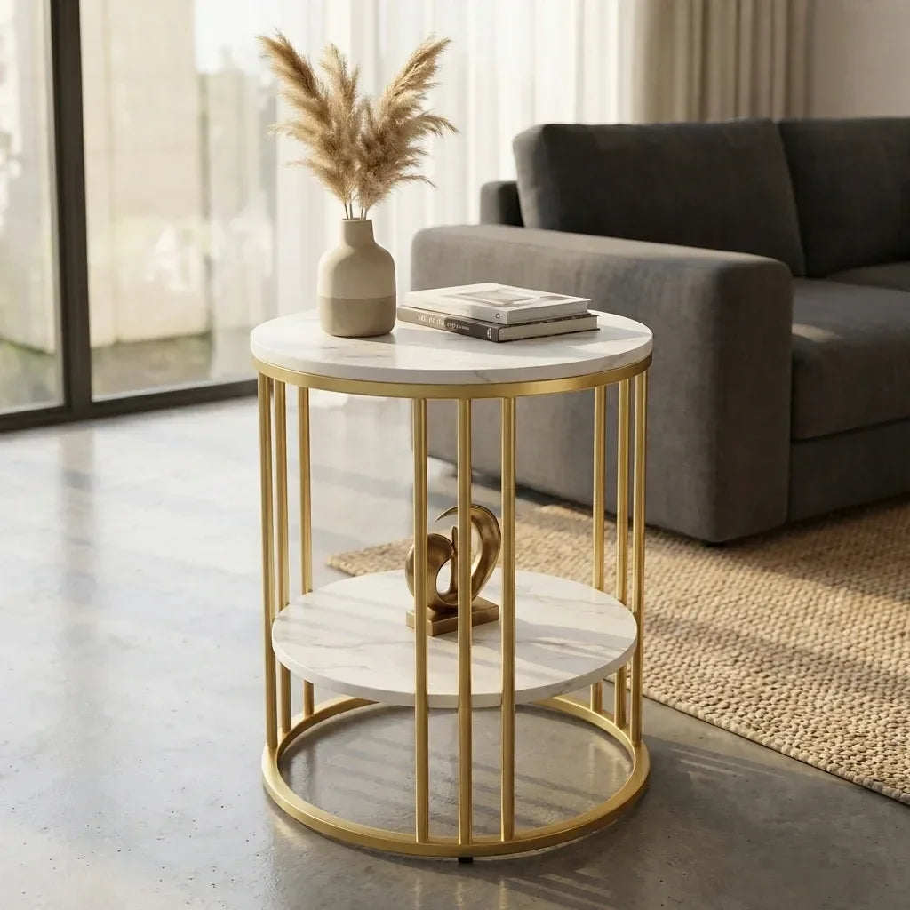 Cleo Gold Two Shelf Stone Side Table