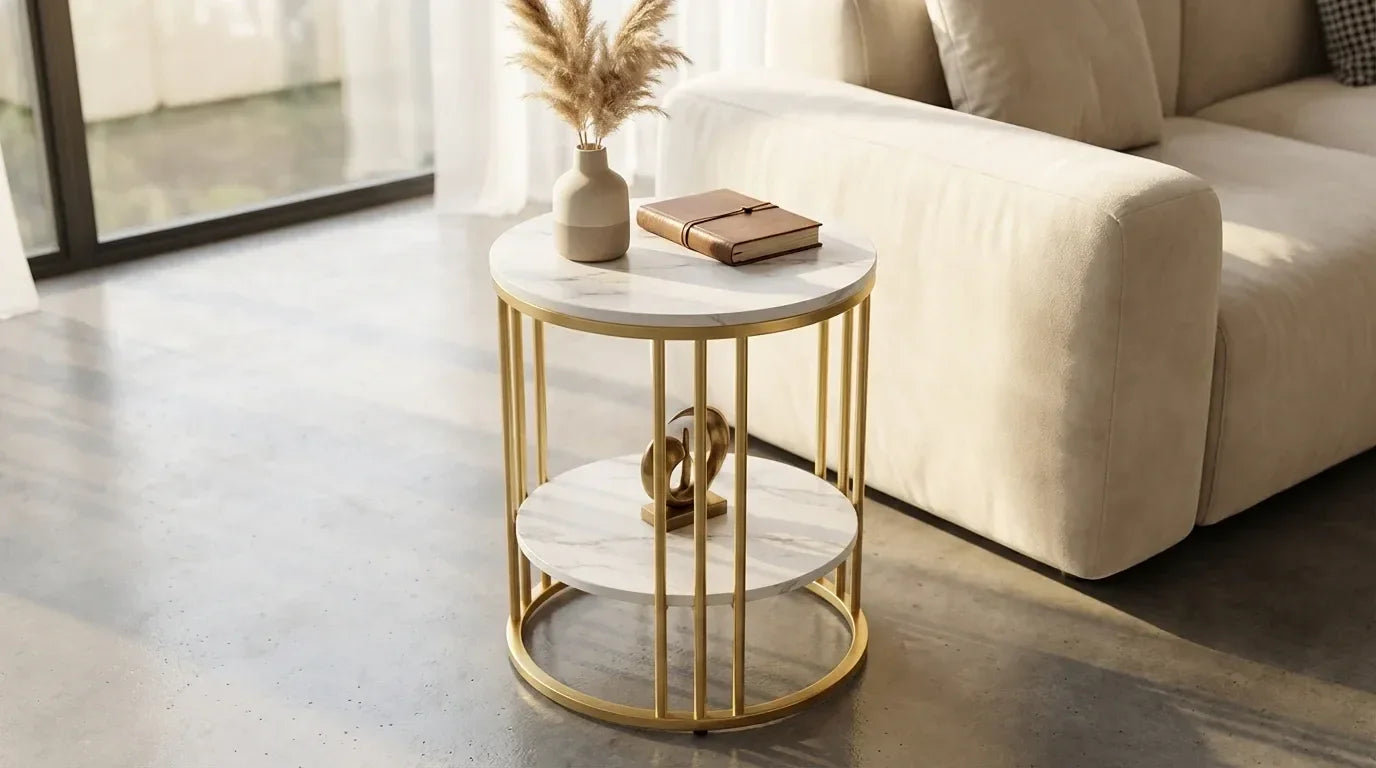 Cleo Gold Two Shelf Stone Side Table