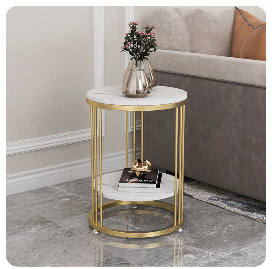 Cleo Gold Two Shelf Stone Side Table