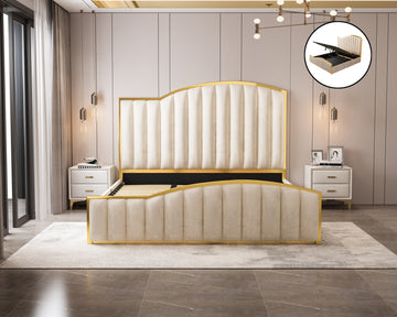 Elegant Luxury King Size Bedframe in Beige with Gas Lift Storage Velvet Fabric Golden Trim