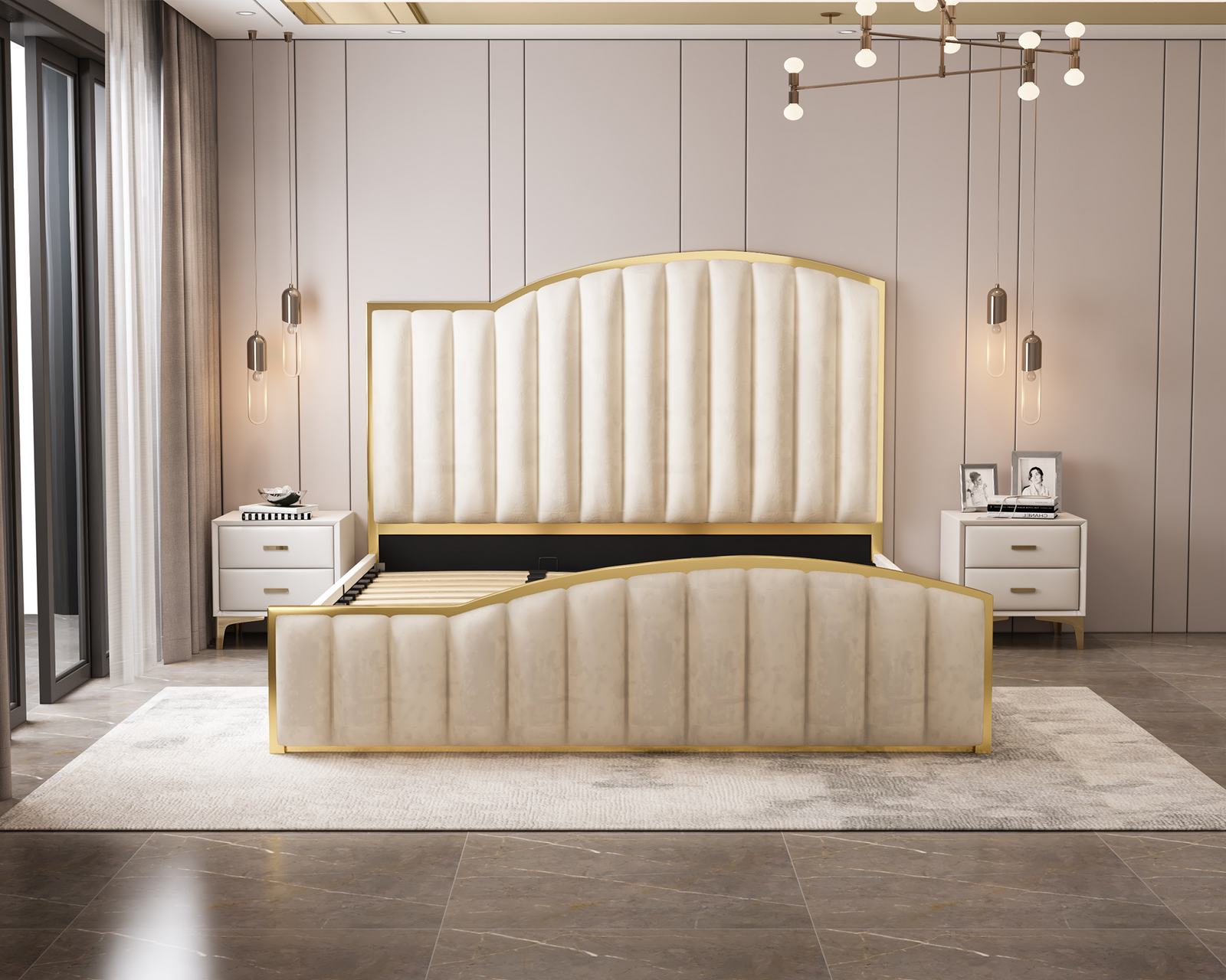 Elegant Luxury King Size Bedframe in Beige with Gas Lift Storage Velvet Fabric Golden Trim