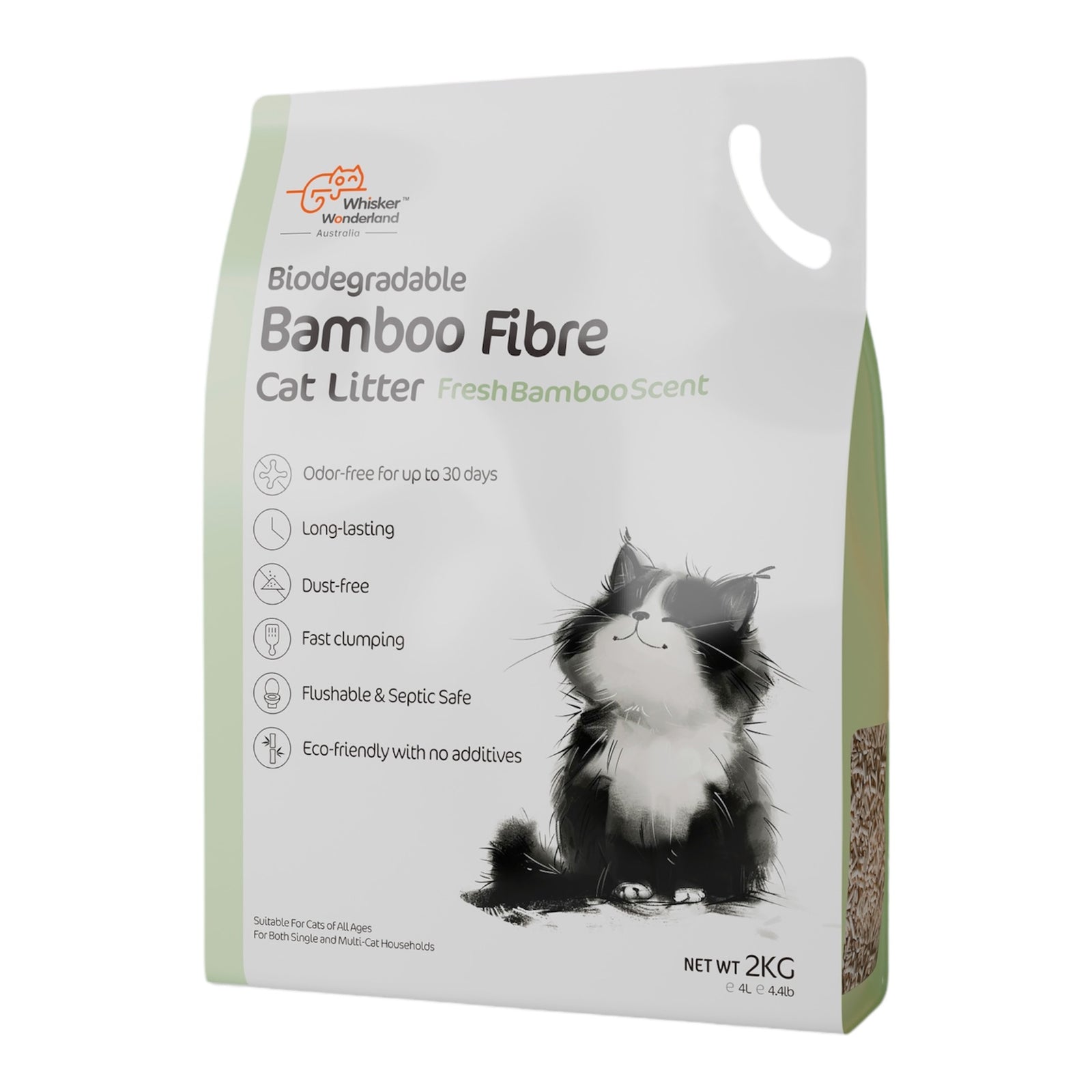 Premium Biodegradable Bamboo Fibre Cat Litter 2KG - Fresh Bamboo Scent | Superior Odour Control, Fast Clumping & Flushable | Pet & Planet Friendly