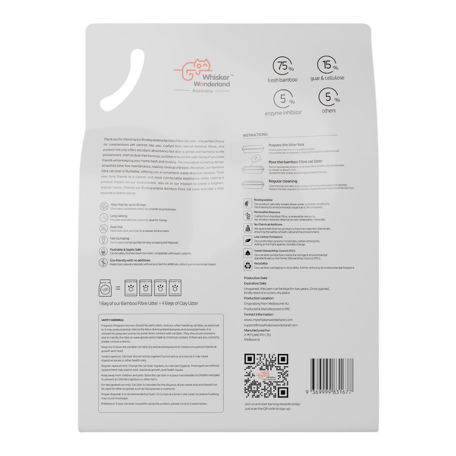 Premium Biodegradable Bamboo Fibre Cat Litter 2KG - Fresh Bamboo Scent | Superior Odour Control, Fast Clumping & Flushable | Pet & Planet Friendly