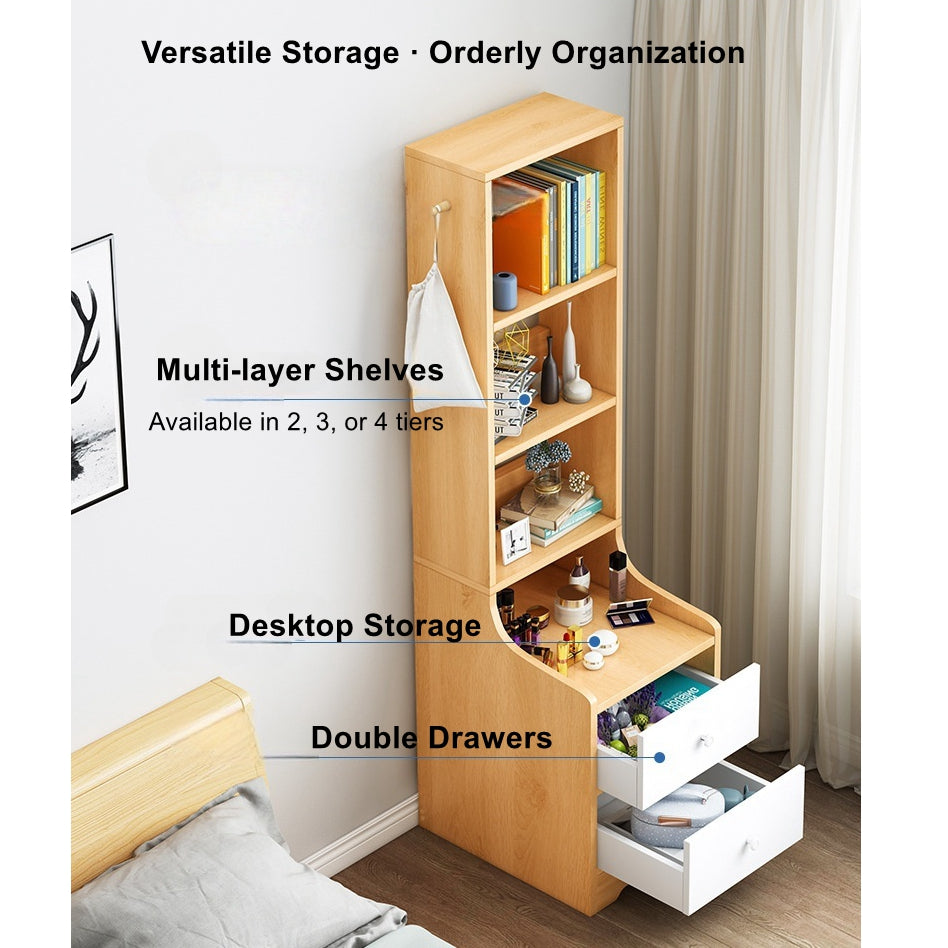 Minimalist Bedroom Cabinet Warm White 3-Shelf Storage Unit with 2 Drawers