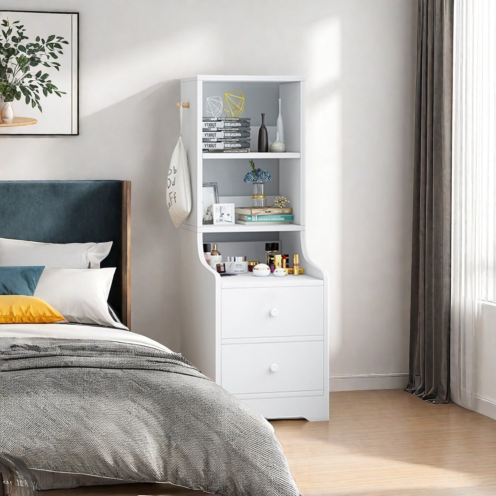 Minimalist Bedroom Cabinet Warm White 3-Shelf Storage Unit with 2 Drawers