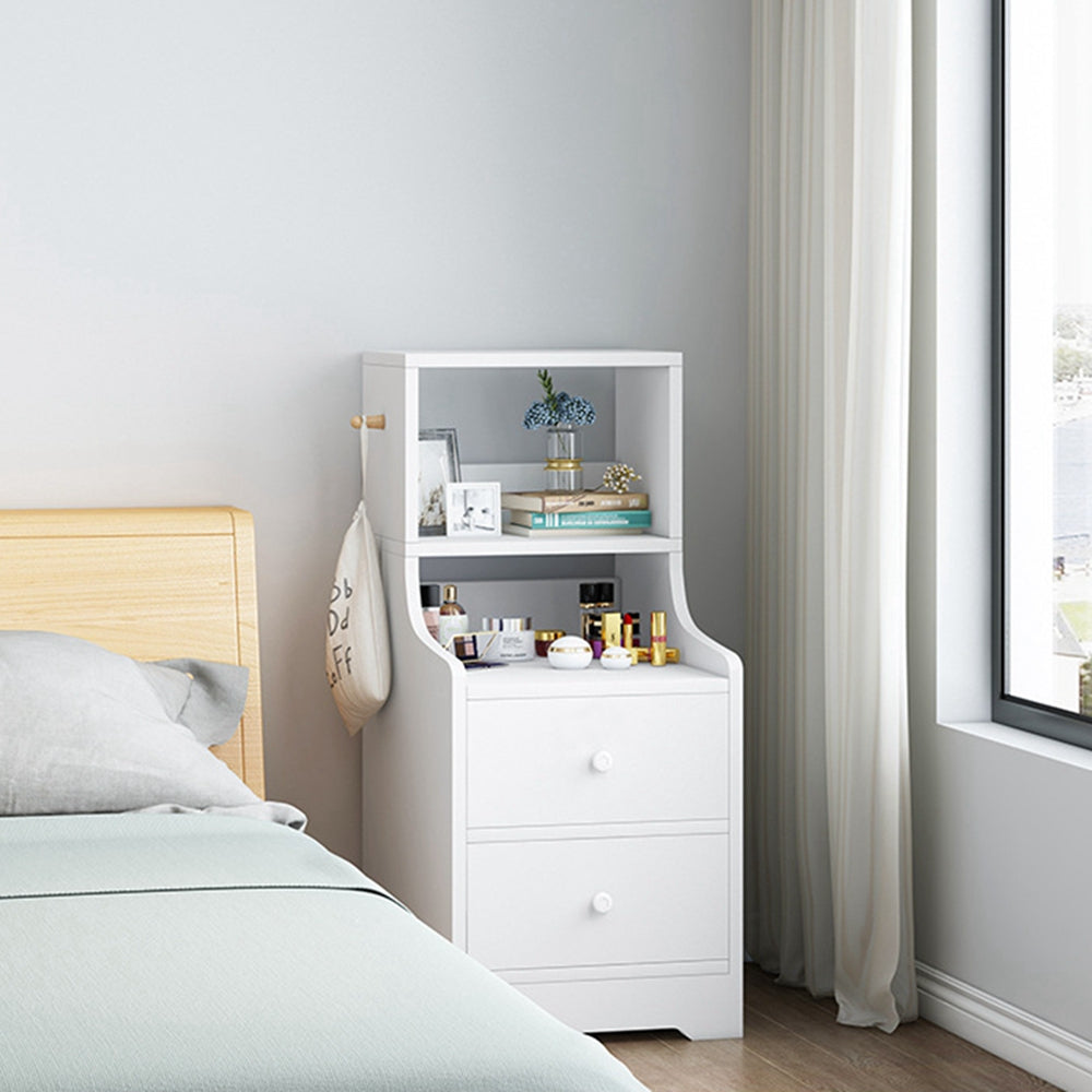 Minimalist Bedside Cabinet White Cosmetic Storage Dual Shelves Curved Design