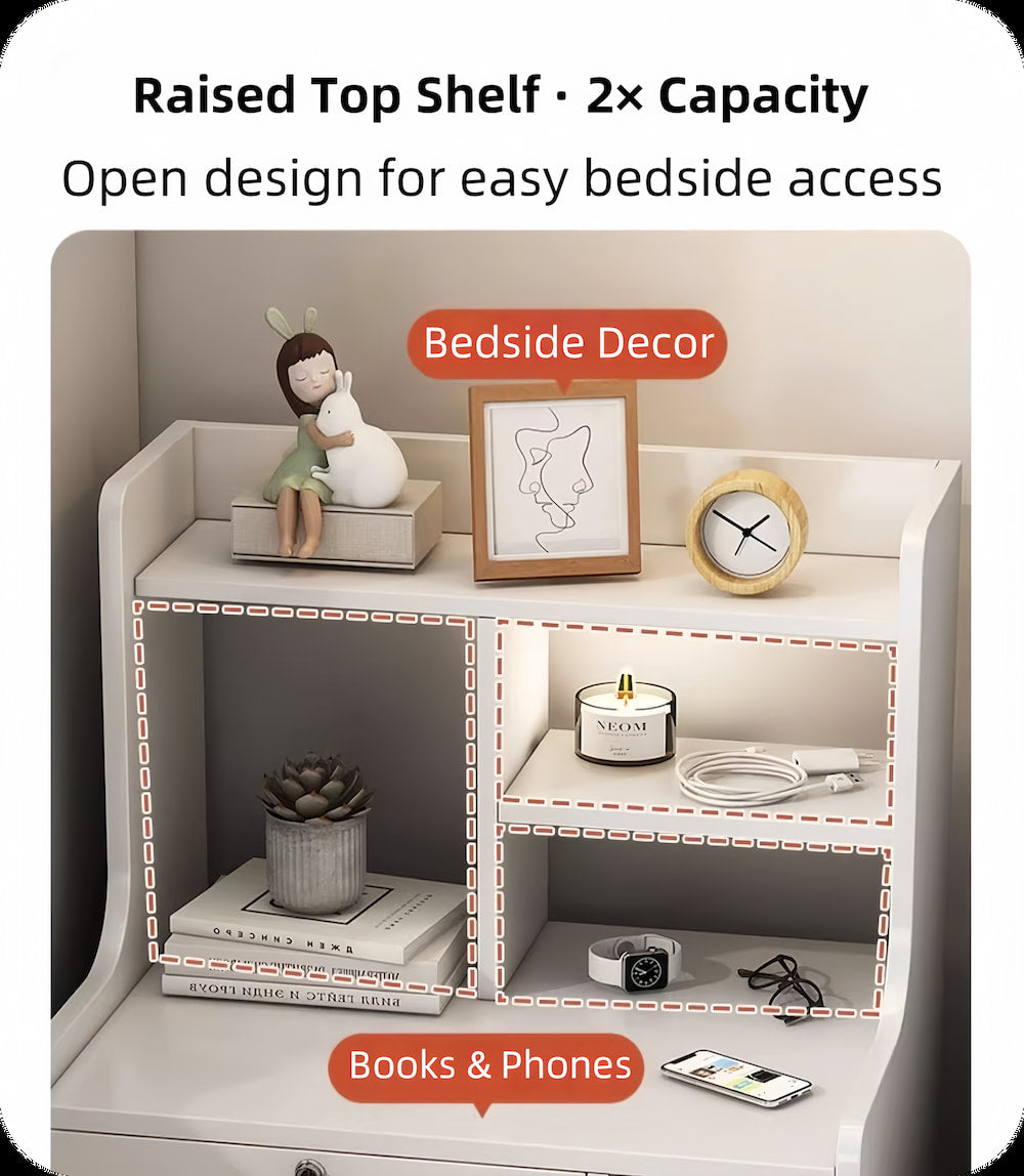 Light Gray Nightstand White Drawer Fronts Secure Storage Open Shelf 70cm