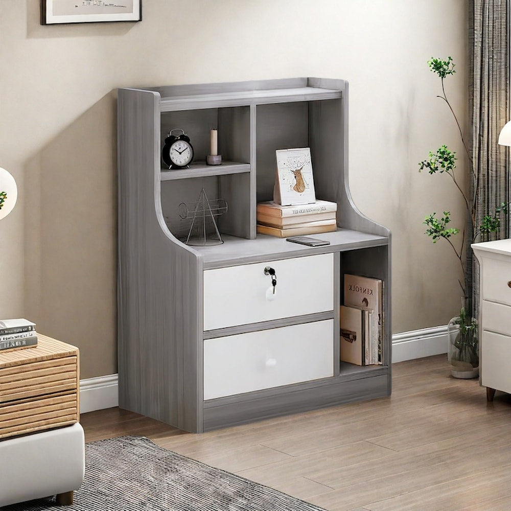 Light Gray Nightstand White Drawer Fronts Secure Storage Open Shelf 70cm