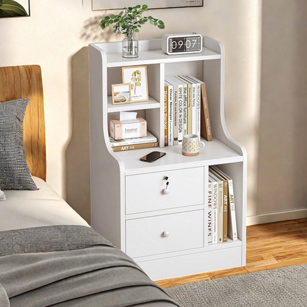 White Nightstand Security Drawer Open Shelf Storage Tray Wooden Knob Minimalist