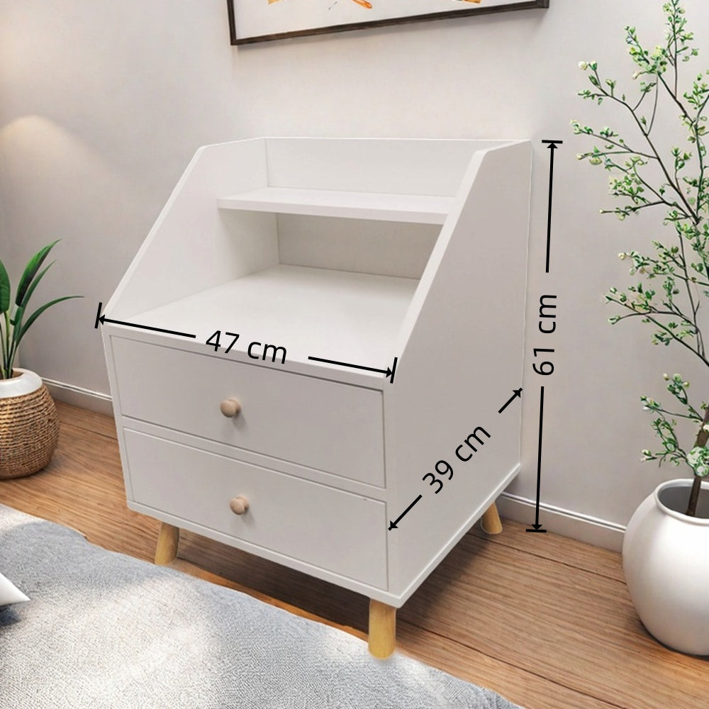 2x Bedside table set modern design wooden legs white drawers furniture