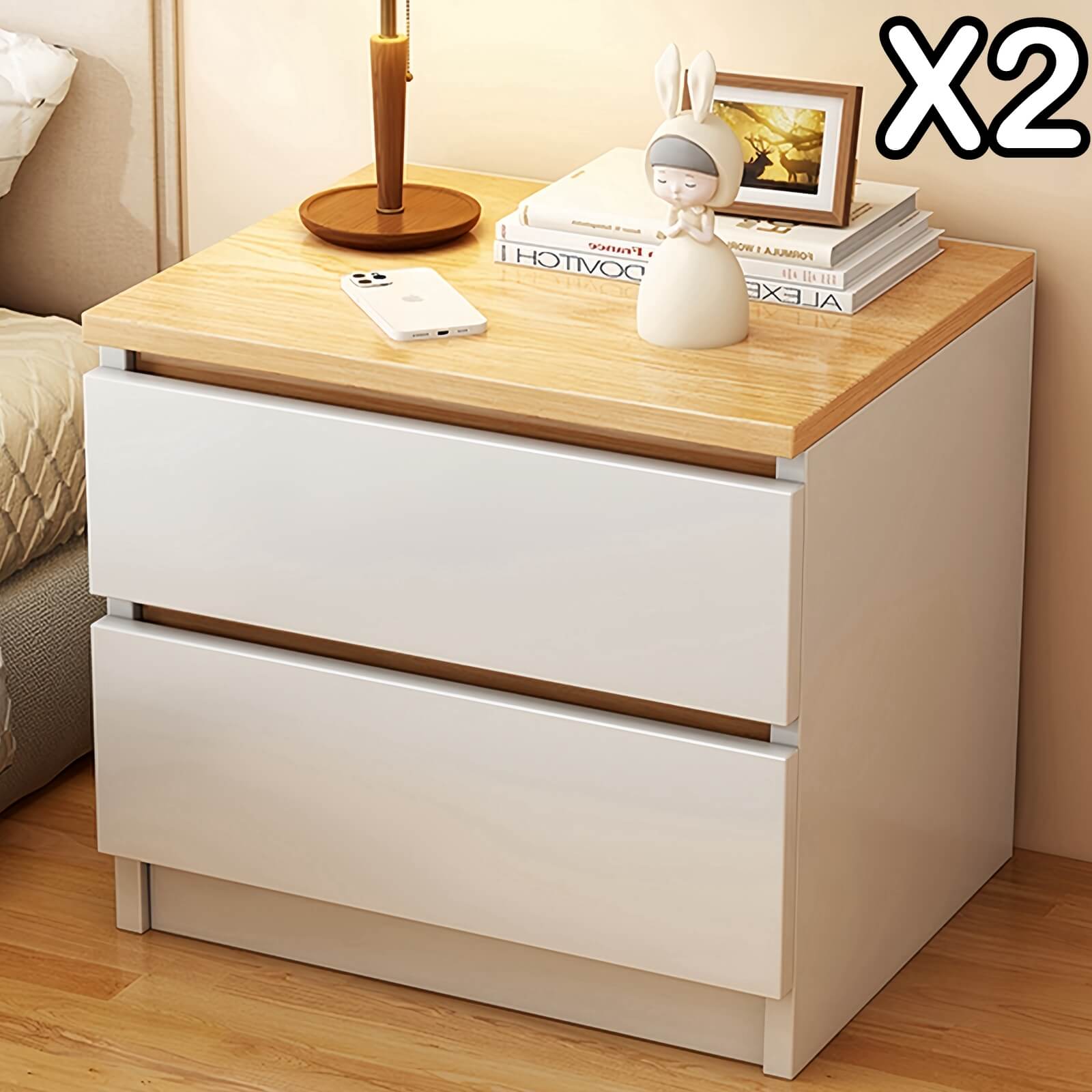 2x Bedside table pair oak wood grain drawers minimalist design furniture
