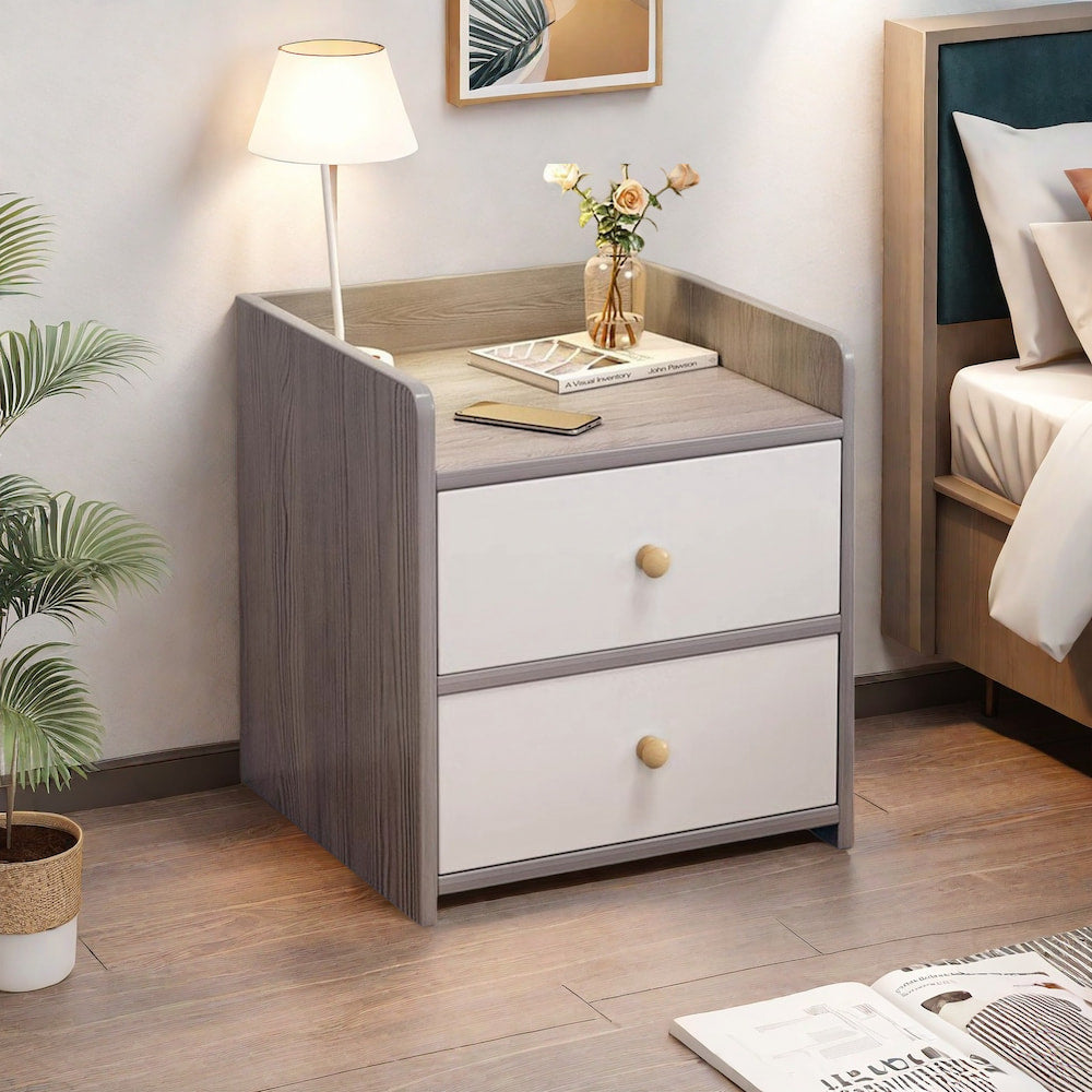Two-Tone Nightstand Light Gray Wood White Drawers Safety Edge Wooden Knobs