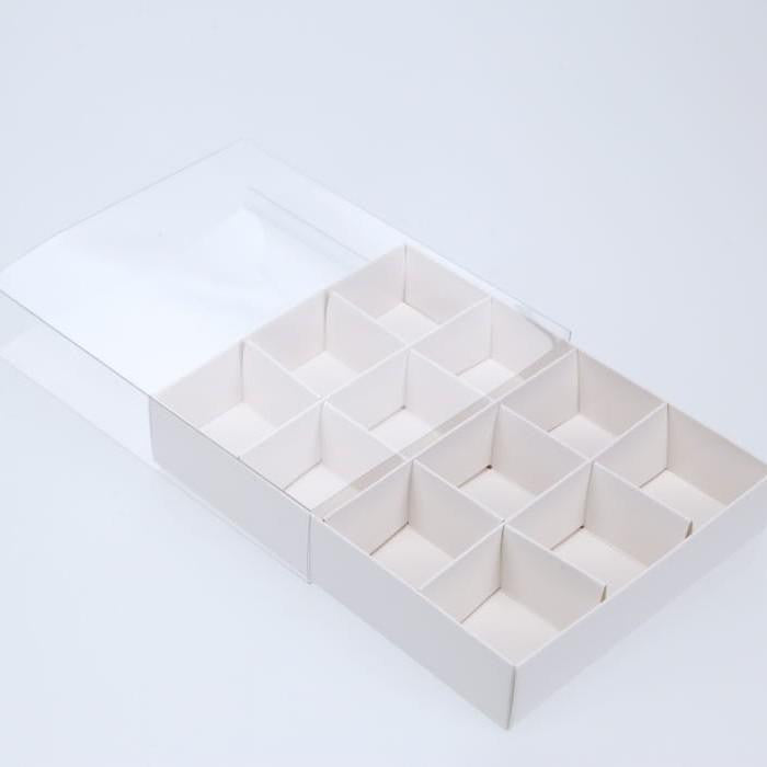 10 Pack of White Card Chocolate Sweet Soap Product Retail Gift Box - 12 bay 4x4x3cm Compartments  - Clear Slide On Lid - 16x12x3cm