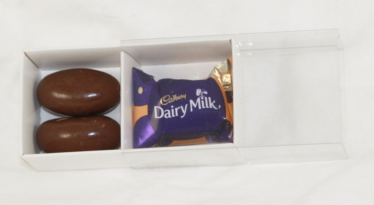 10 Pack of White Card Chocolate Sweet Soap Product Retail Gift Box - 2 Bay Compartments - Clear Slide On Lid - 8x4x3cm