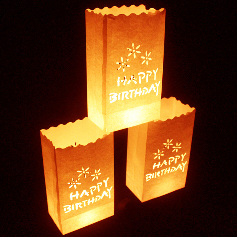 100 Pack White Happy Birthday Luminary Paper Candle Tea Light Lantern Bags Garden Anniversary Birthday Night Decorations Evening Party