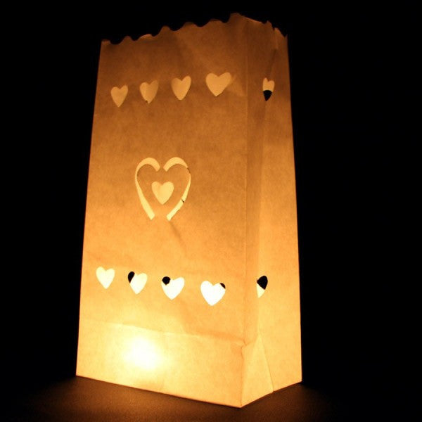 100 Pack White Heart in a Heart Luminary Paper Candle Tea Light Lantern Bags Wedding Garden Anniversary Birthday Night Decorations Evening Party