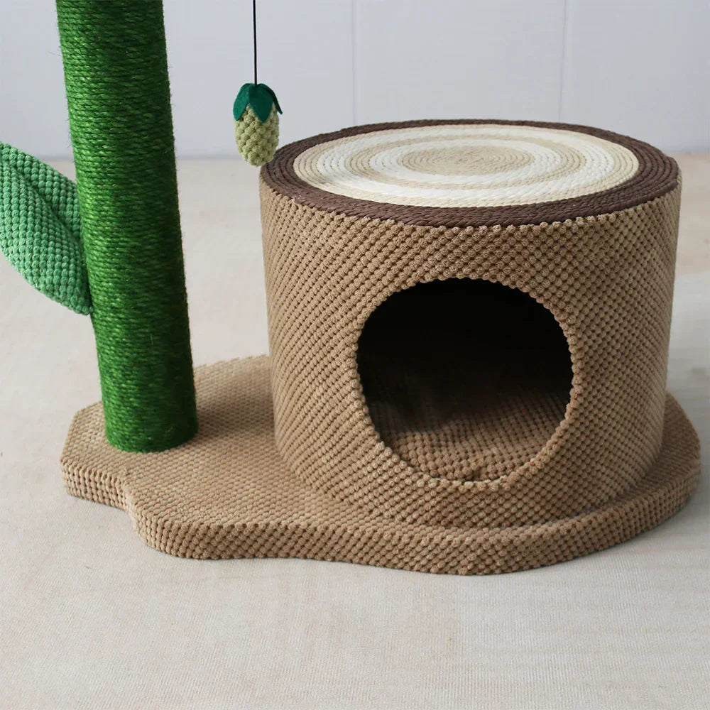 Log Cat House With White Camelia Cat Scratching Tree