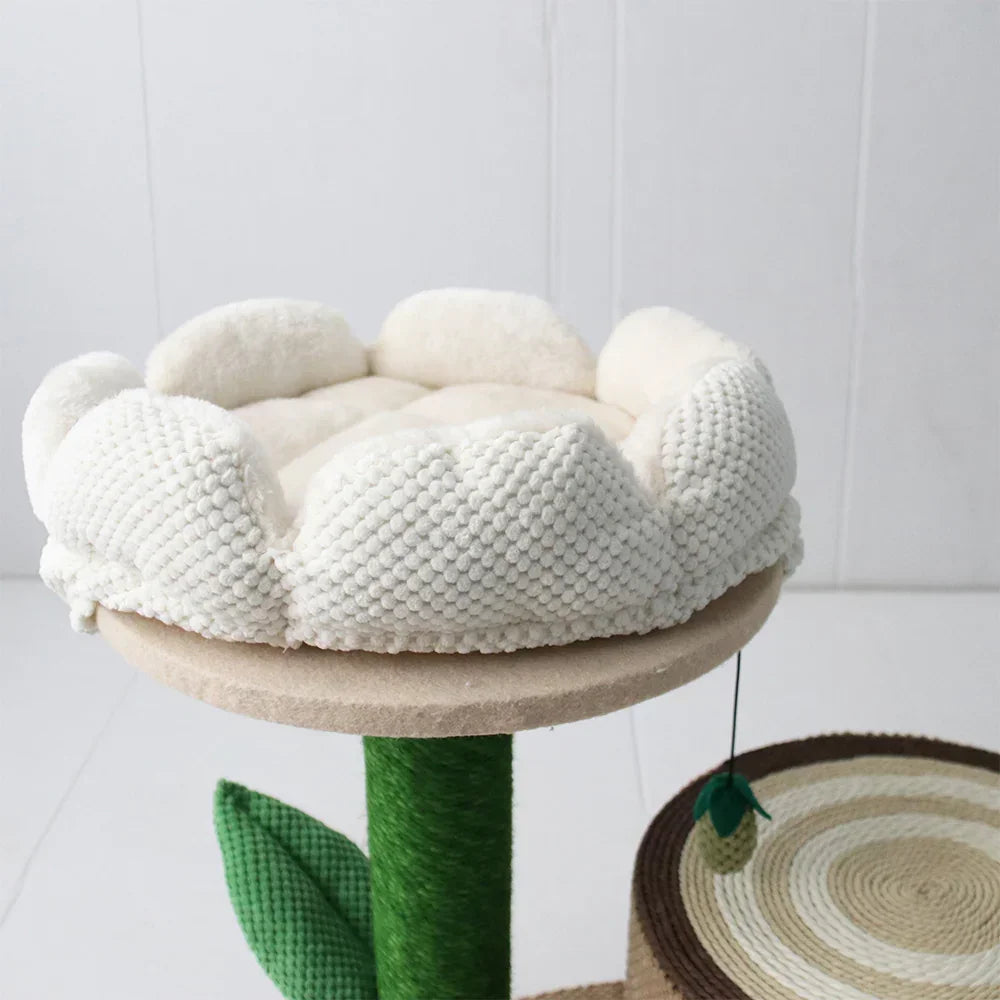 Log Cat House With White Camelia Cat Scratching Tree
