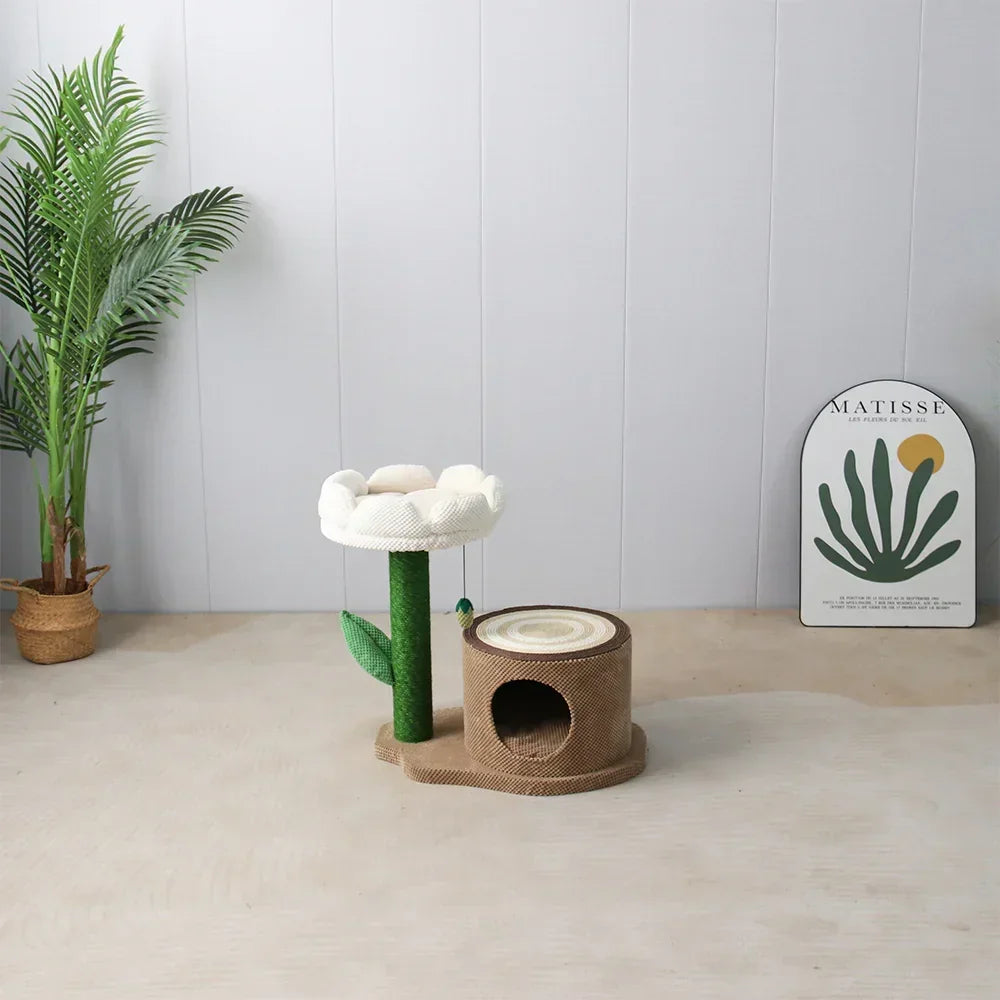 Log Cat House With White Camelia Cat Scratching Tree