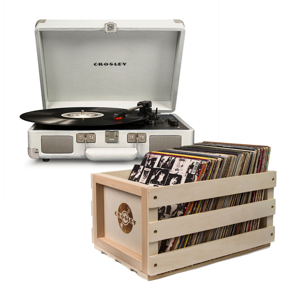 Cruiser Bluetooth Portable Turntable - White Sands + Bundled  Record Storage Crate