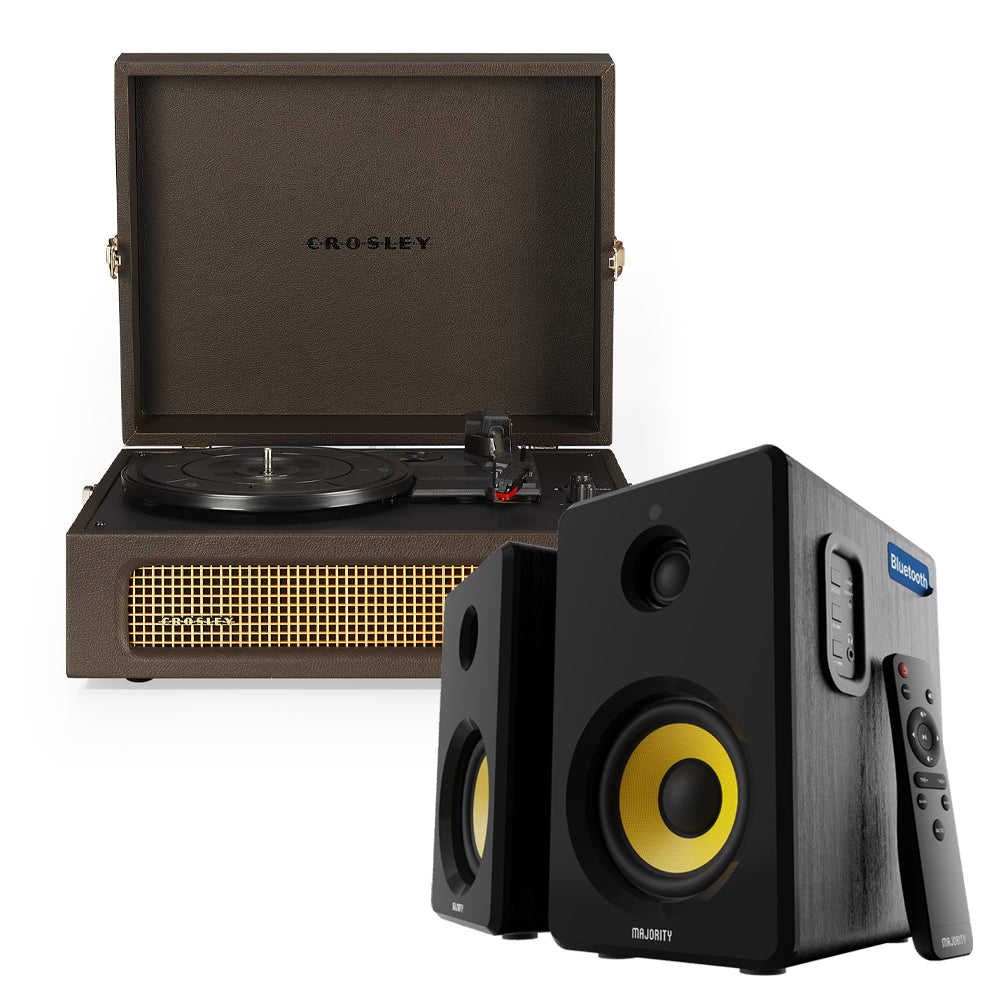 Voyager Bluetooth Portable Turntable - Cocoa + Bundled Majority D40X Bluetooth Speakers - Black
