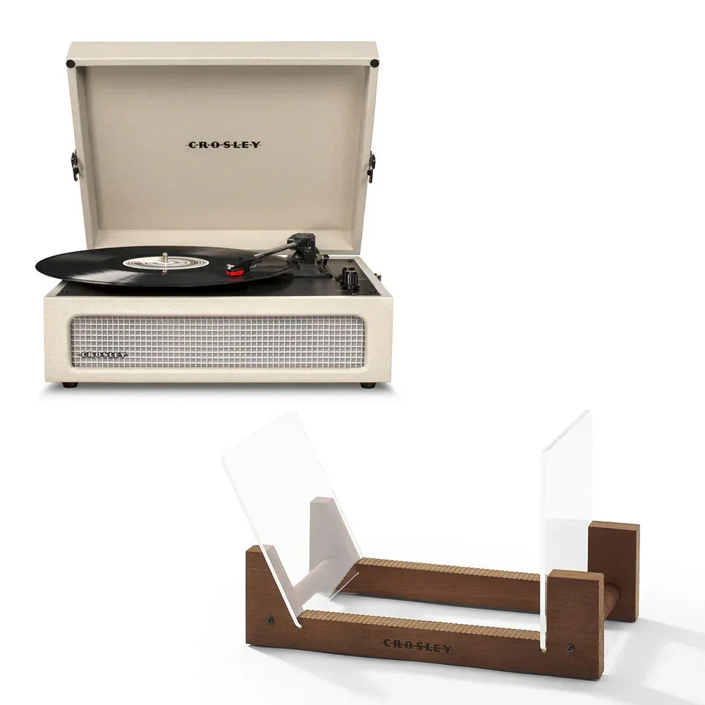 Voyager Bluetooth Portable Turntable - Dune + Bundled  Record Storage Display Stand