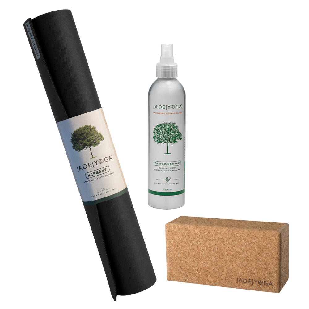 Harmony Mat- Black &  Cork Yoga Block - Small +  Plant Based Mat Wash - 8 oz Starter Kit