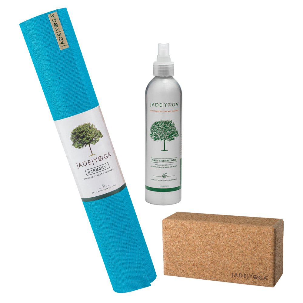 Harmony Mat - Sky Blue &  Cork Yoga Block - Small +  Plant Based Mat Wash - 8 oz Starter Kit