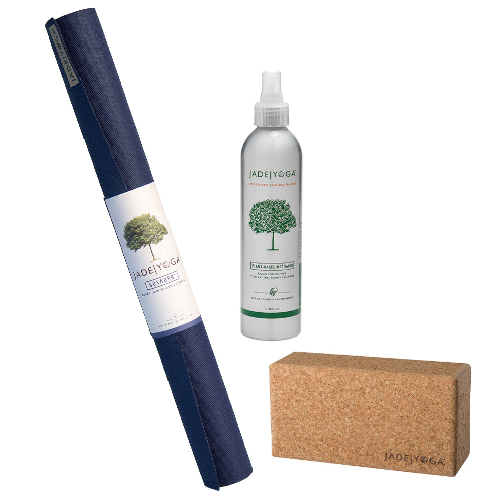 Voyager Mat - Midnight &  Cork Yoga Block - Small +  Plant Based Mat Wash - 8 oz Starter Kit