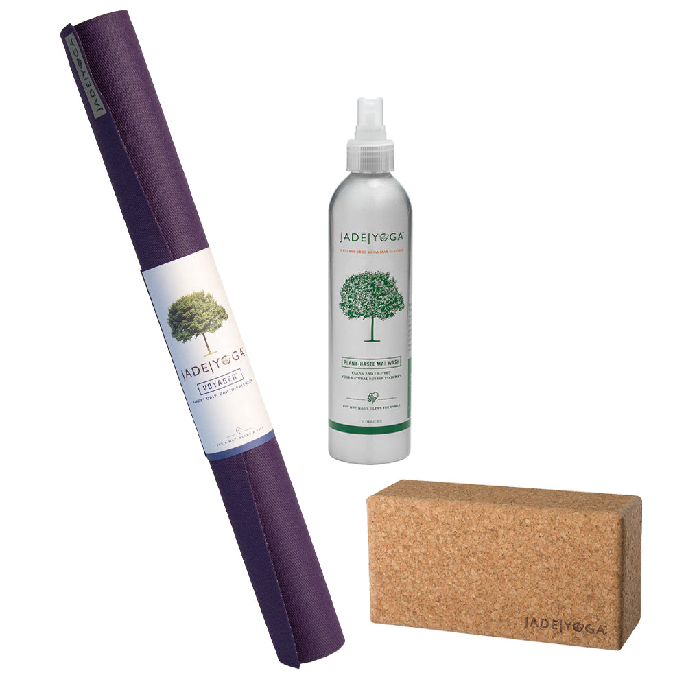 Voyager Mat - Purple &  Cork Yoga Block - Small +  Plant Based Mat Wash - 8 oz Starter Kit