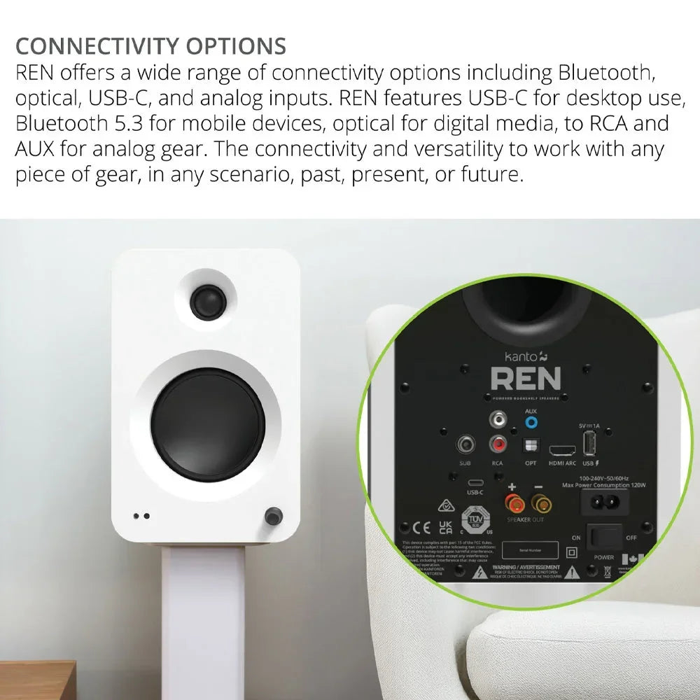 REN 200W Powered Bookshelf Speakers with HDMI ARC, USB-C, and Bluetooth 5.3 - Matte White, Pair