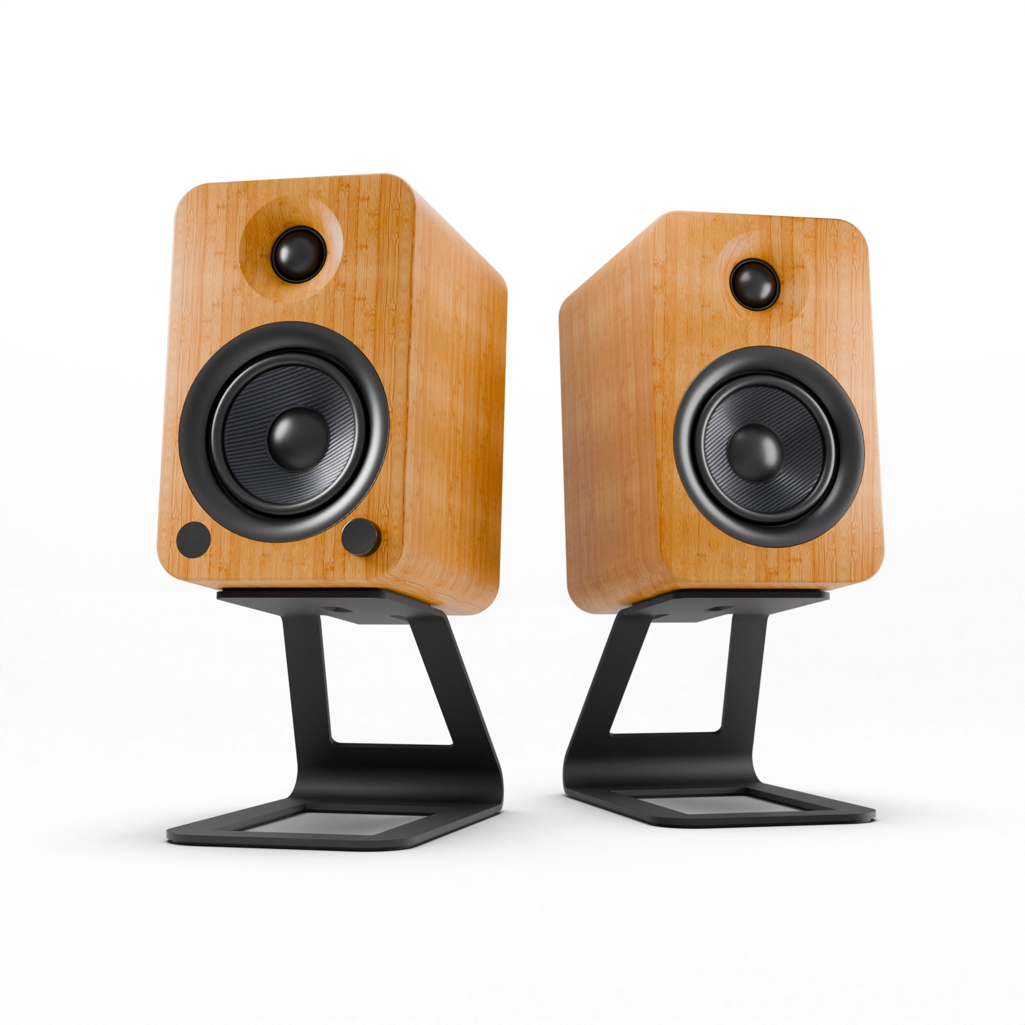 YU4 140W Powered Bookshelf Speakers with Bluetooth and Phono Preamp - Pair, Bamboo with SE4 Black Stand Bundle