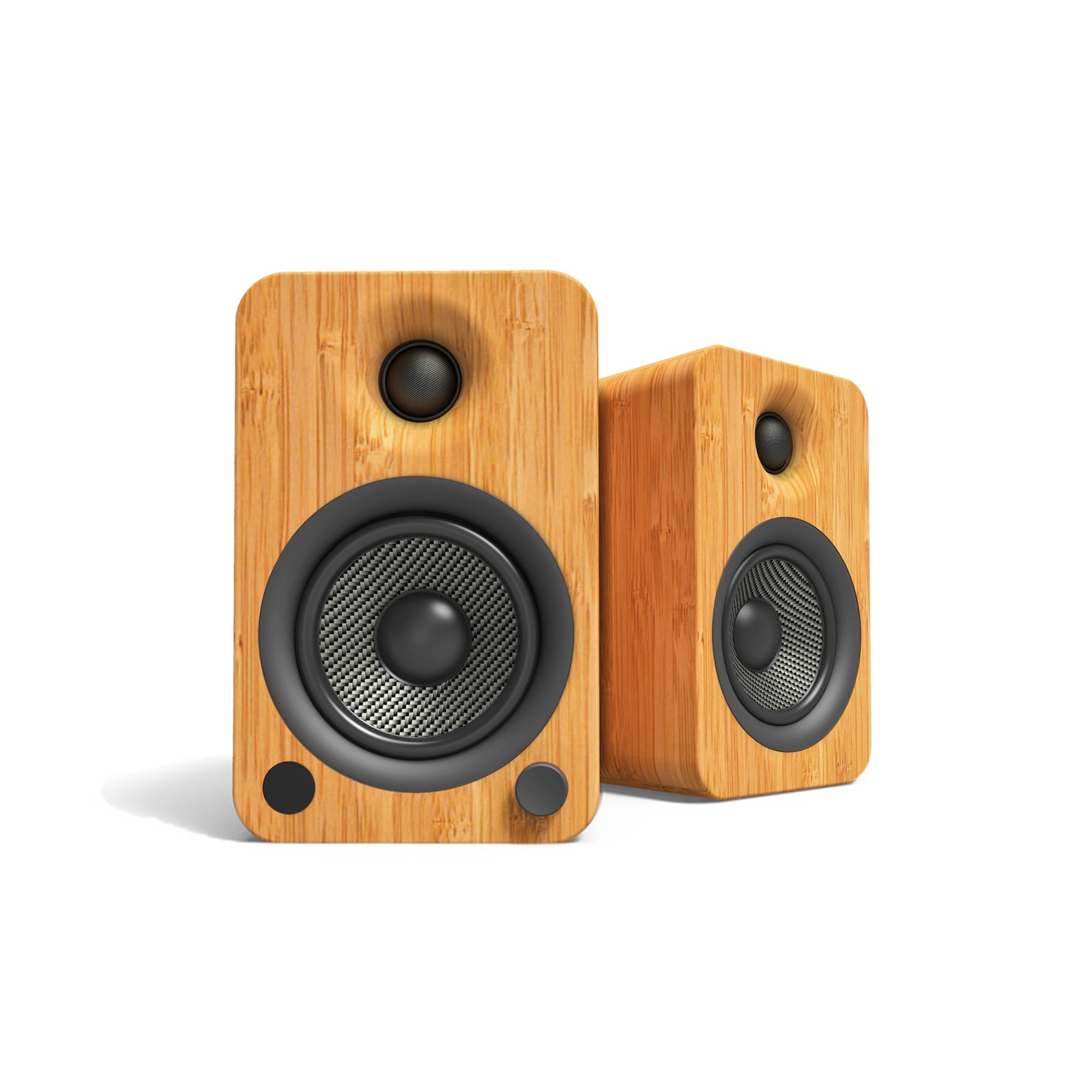 YU4 140W Powered Bookshelf Speakers with Bluetooth and Phono Preamp - Pair, Bamboo with SE4 Black Stand Bundle