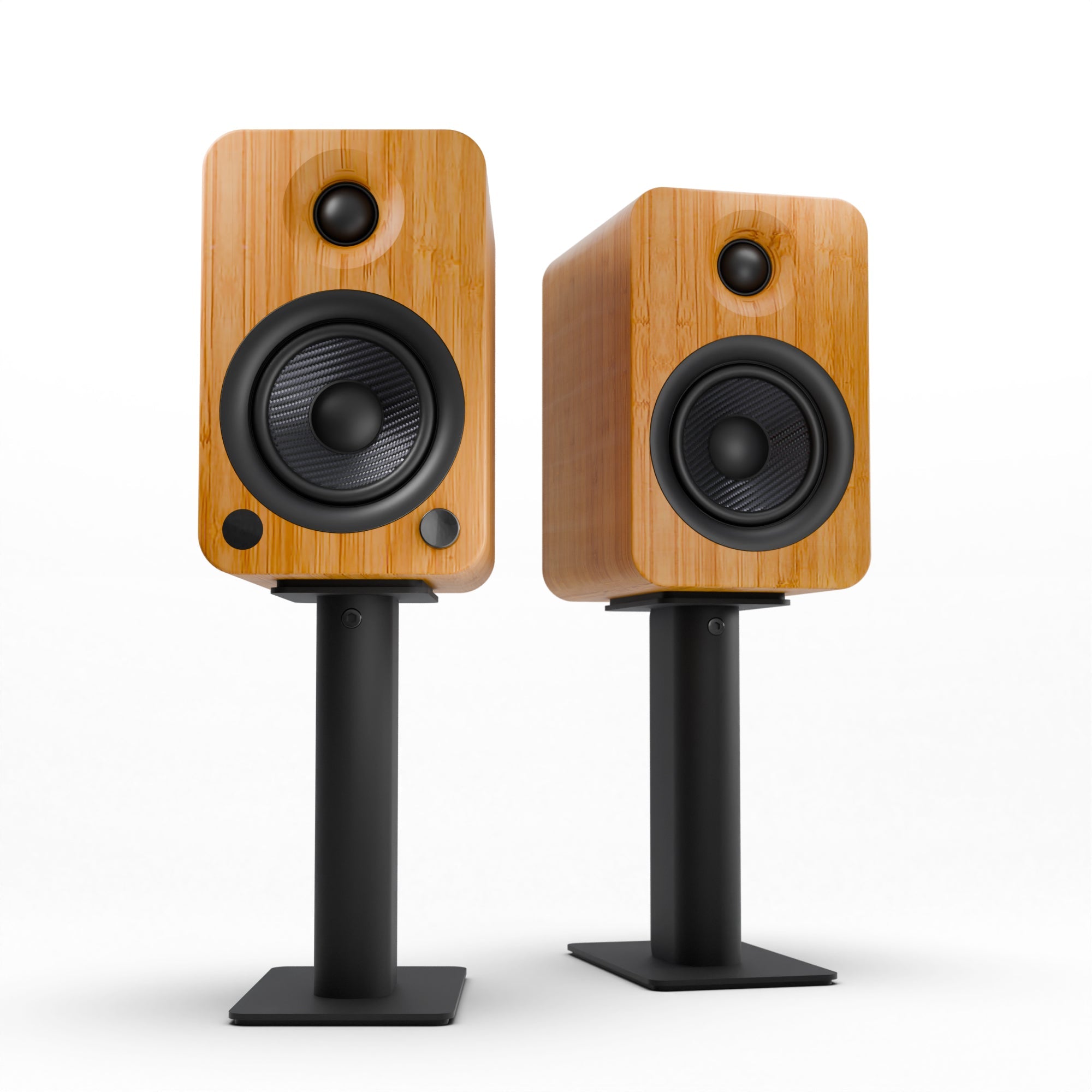 YU4 140W Powered Bookshelf Speakers with Bluetooth and Phono Preamp - Pair, Bamboo with SP9 Black Stand Bundle