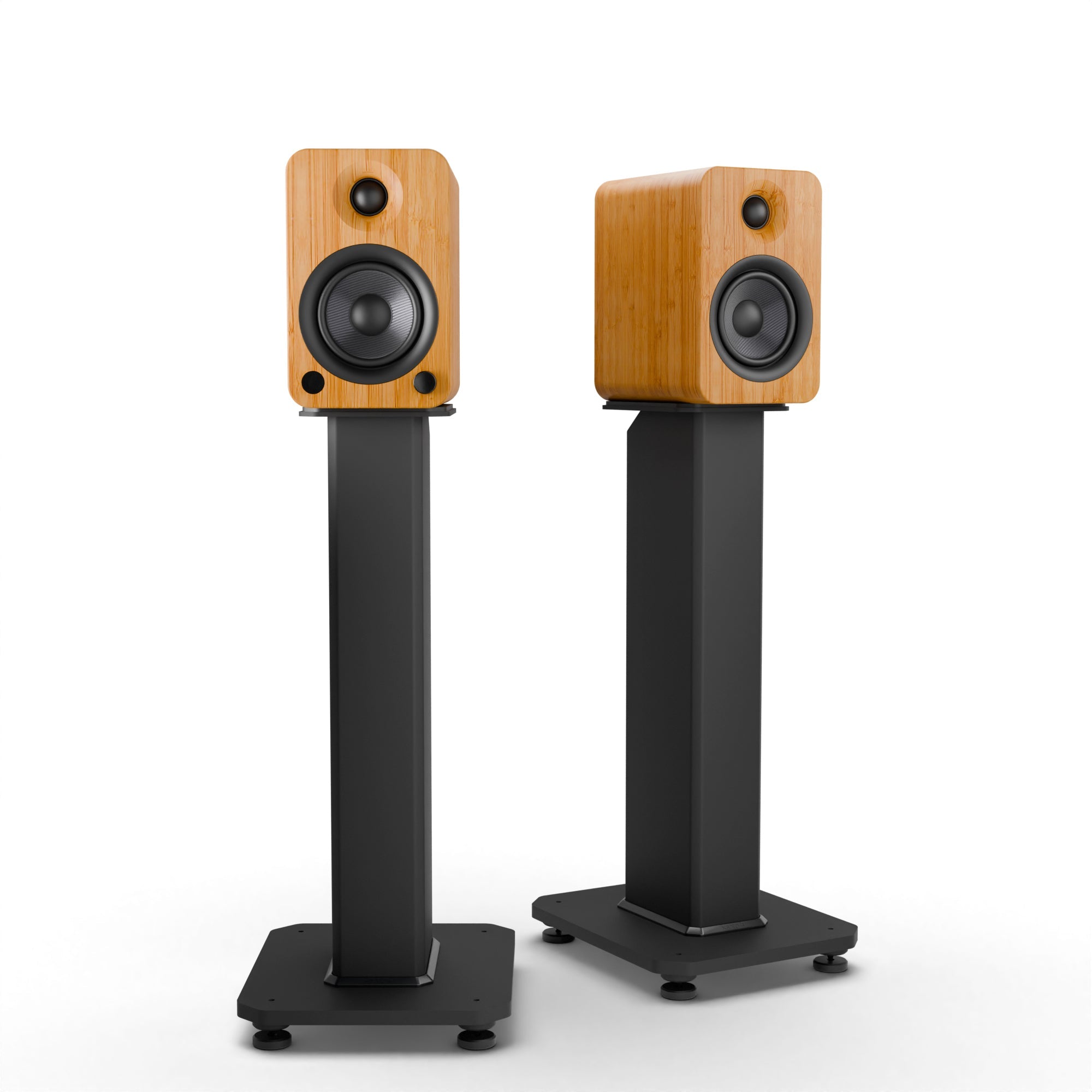 YU4 140W Powered Bookshelf Speakers with Bluetooth and Phono Preamp - Pair, Bamboo with SX22 Black Stand Bundle