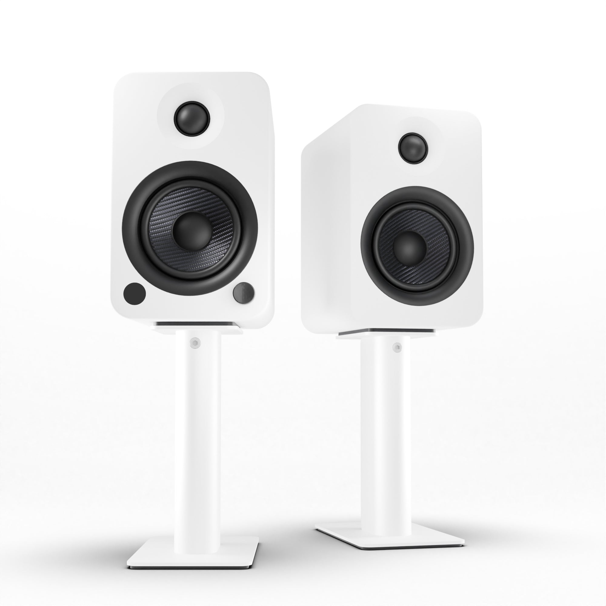 YU4 140W Powered Bookshelf Speakers with Bluetooth and Phono Preamp - Pair, Matte White with SP9W White Stand Bundle