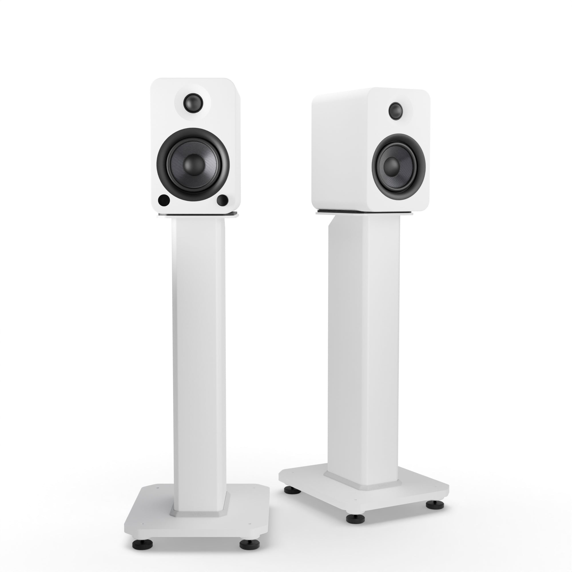 YU4 140W Powered Bookshelf Speakers with Bluetooth and Phono Preamp - Pair, Matte White with SX22W White Stand Bundle