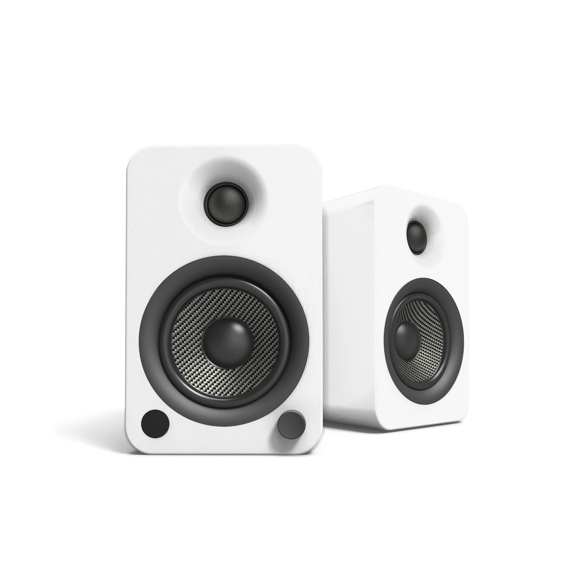 YU4 140W Powered Bookshelf Speakers with Bluetooth and Phono Preamp - Pair, Matte White with SX22W White Stand Bundle