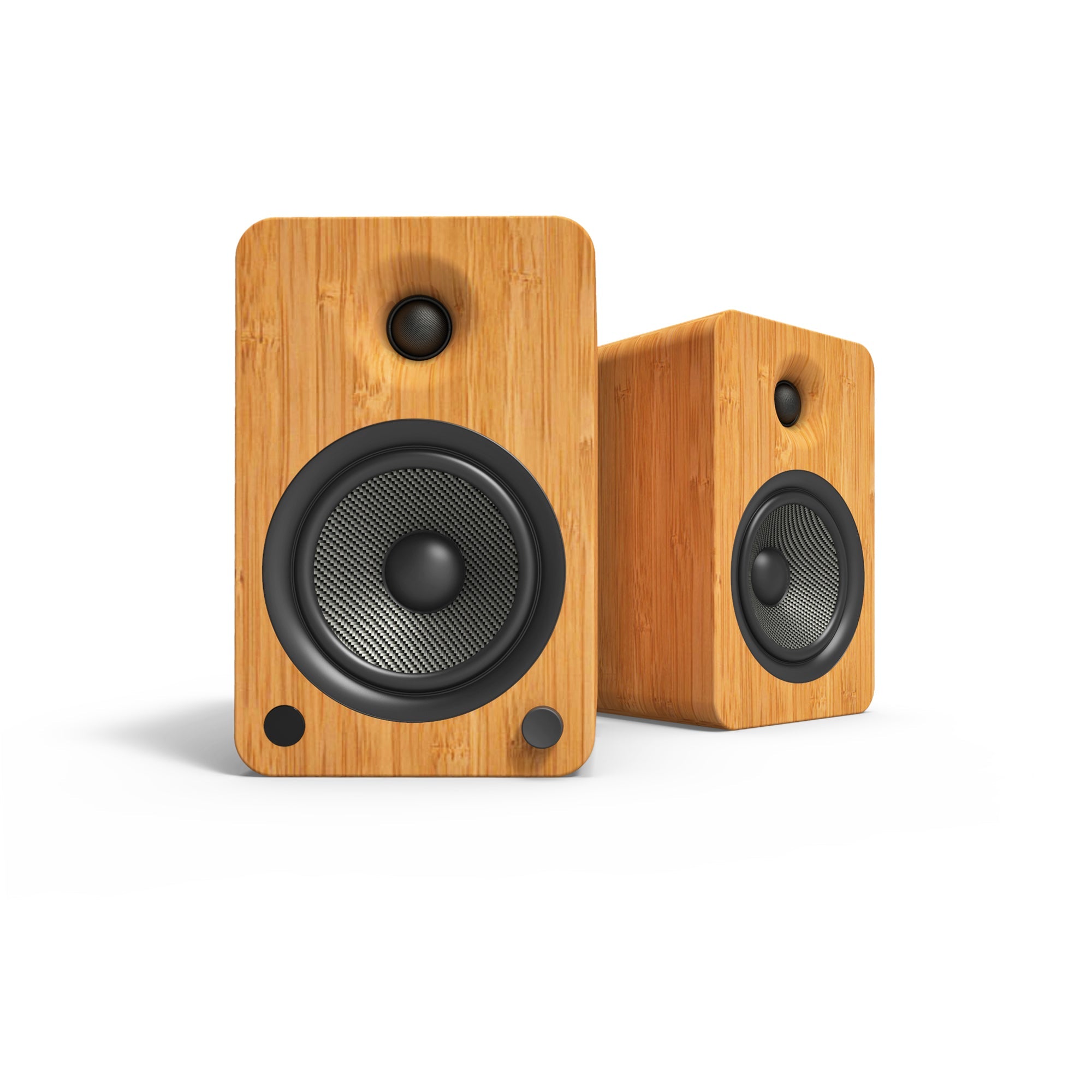 YU6 200W Powered Bookshelf Speakers with Bluetooth and Phono Preamp - Pair, Bamboo with S6 Black Stand Bundle