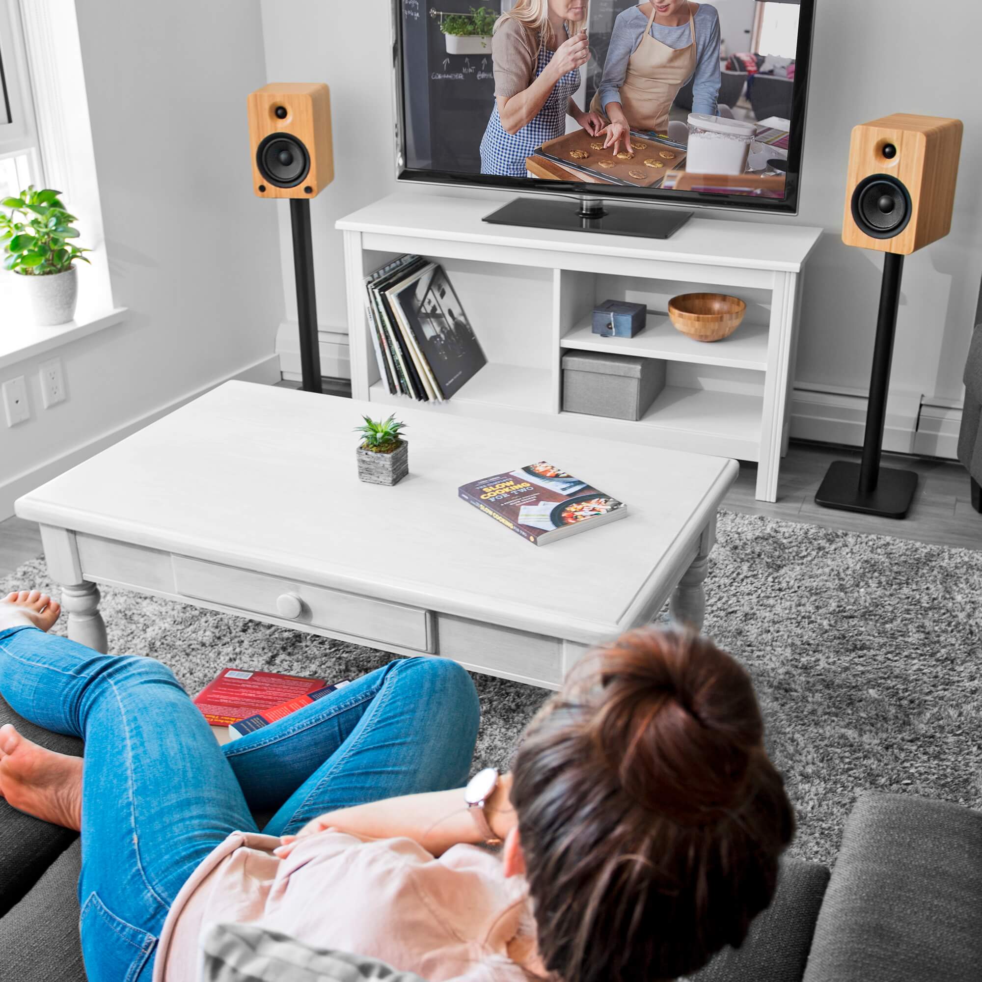 YU6 200W Powered Bookshelf Speakers with Bluetooth and Phono Preamp - Pair, Bamboo with SP26PL Black Stand Bundle