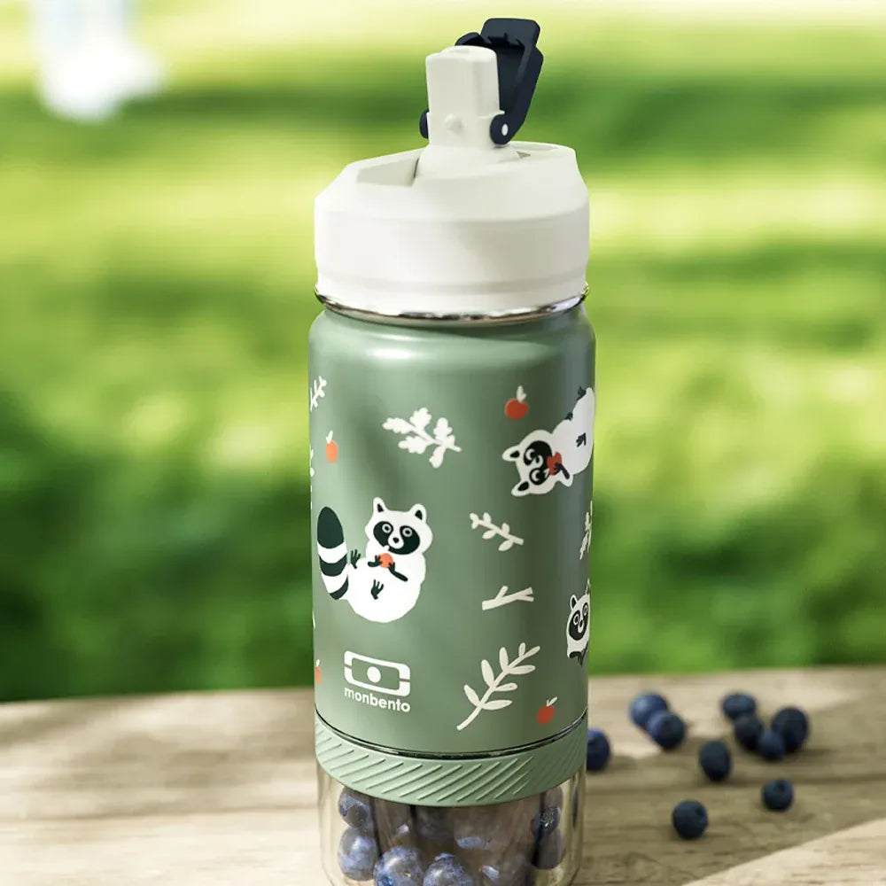Monbento Twisty Kids Water Bottle with Snack Container- Racoon