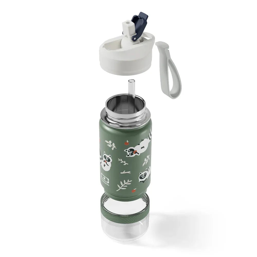 Monbento Twisty Kids Water Bottle with Snack Container- Racoon