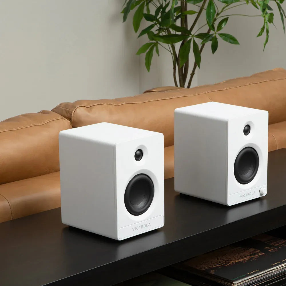 Victrola Tempo Bluetooth Bookshelf Speakers in White with Auracast Ready