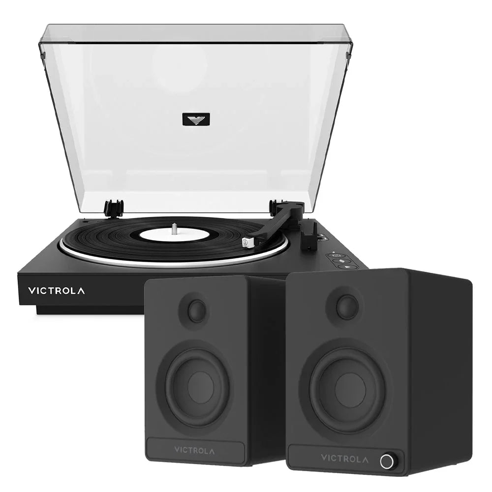 Automatic Turntable +  Tempo Bookshelf Speakers Bundle - Black